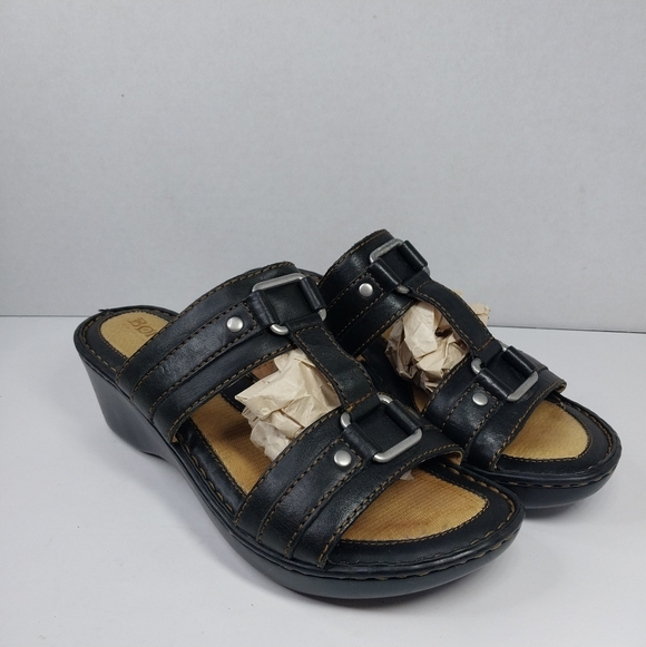 Born Shoes - Born Sandals Women's Size 8 Black Leather Wedge Heel Boho Chic Slip on Shoes